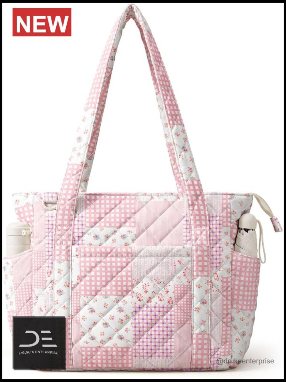Quilted Tote Bag with Zipper, Large Capacity Shoulder Bag for Work Travel